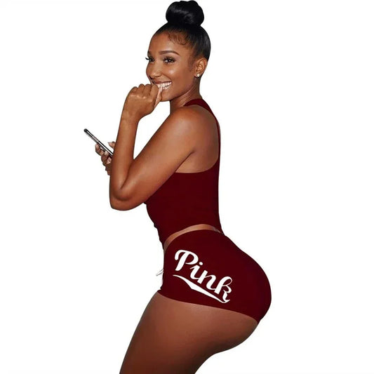 Letters Print Tank Top Shorts Two Piece Set Round Neck Sexy Sleeveless Women Outfits Summer Sporting 2 Piece Set - Shello's Creative Boutique