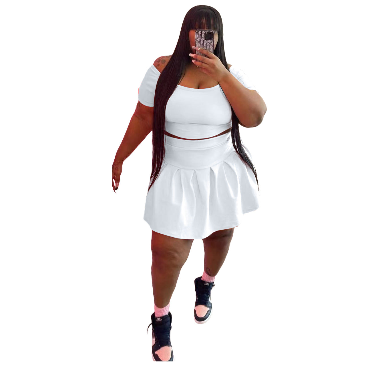 Fashion Women's New Solid Color Pleated Skirt Plus Size Two Piece Set eprolo