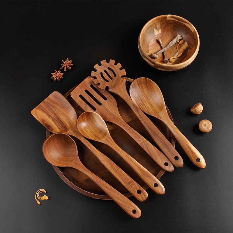 Teak 7-Piece Kitchenware Set Kitchen Utensils Shovel Pot Rice Spoon Set Leaky Spoon Egg Beater Kitchenware Set eprolo