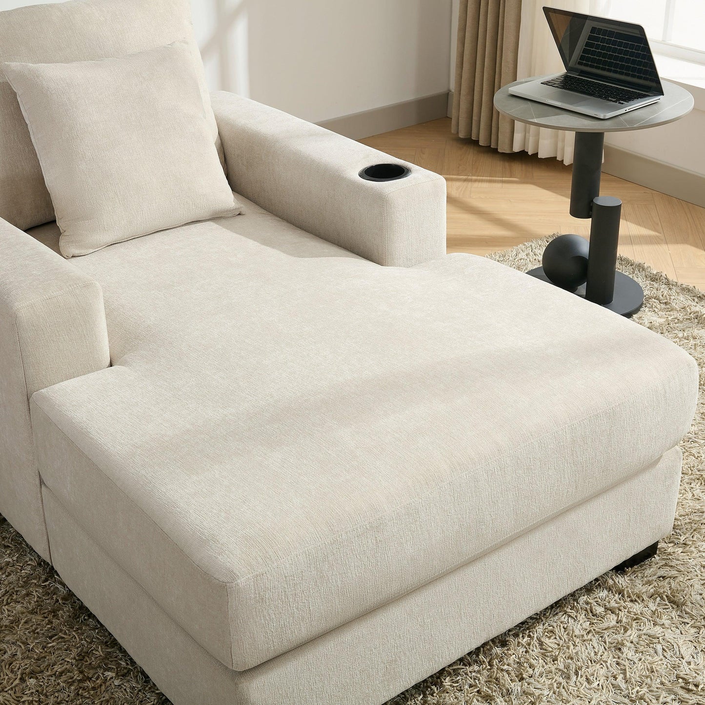 39.7" Oversized Chaise Lounger Modern Style Sofa Couch ,with Pillows, Charge Station & Cup Holders, Chenille Fabric, Cream - Shello's Creative Boutique