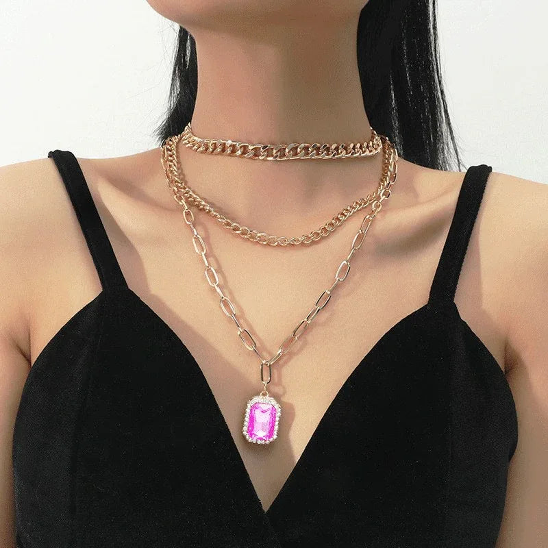 Diamond inlaid multi-layer necklace minimalist square pendant three piece set - Shello's Creative Boutique