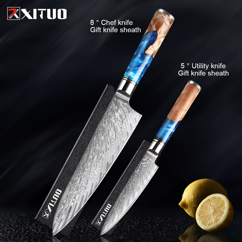 XITUO Kitchen Knives-Set Damascus Steel VG10 Chef Knife Cleaver Paring Bread Knife Blue Resin and Color Wood Handle Cooking Tool eprolo