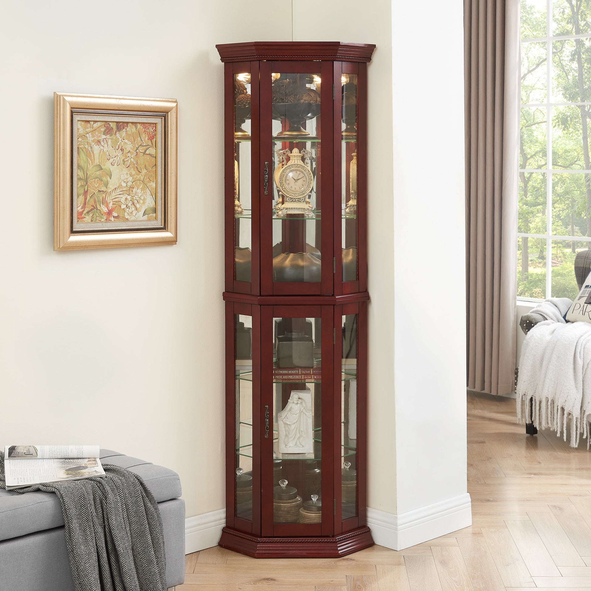 Corner Curio cabinet with lights, adjustable tempered glass frame, display cabinet, cherry color (excluding E26 light bulbs) eprolo