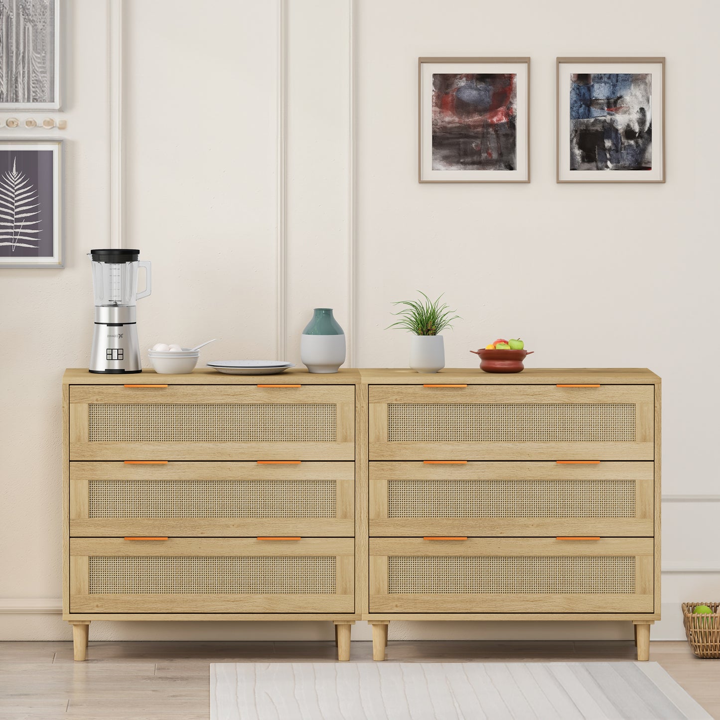 Premium 3-Drawer Rattan Storage Cabinet Set - Oak Finish (Set of 2)