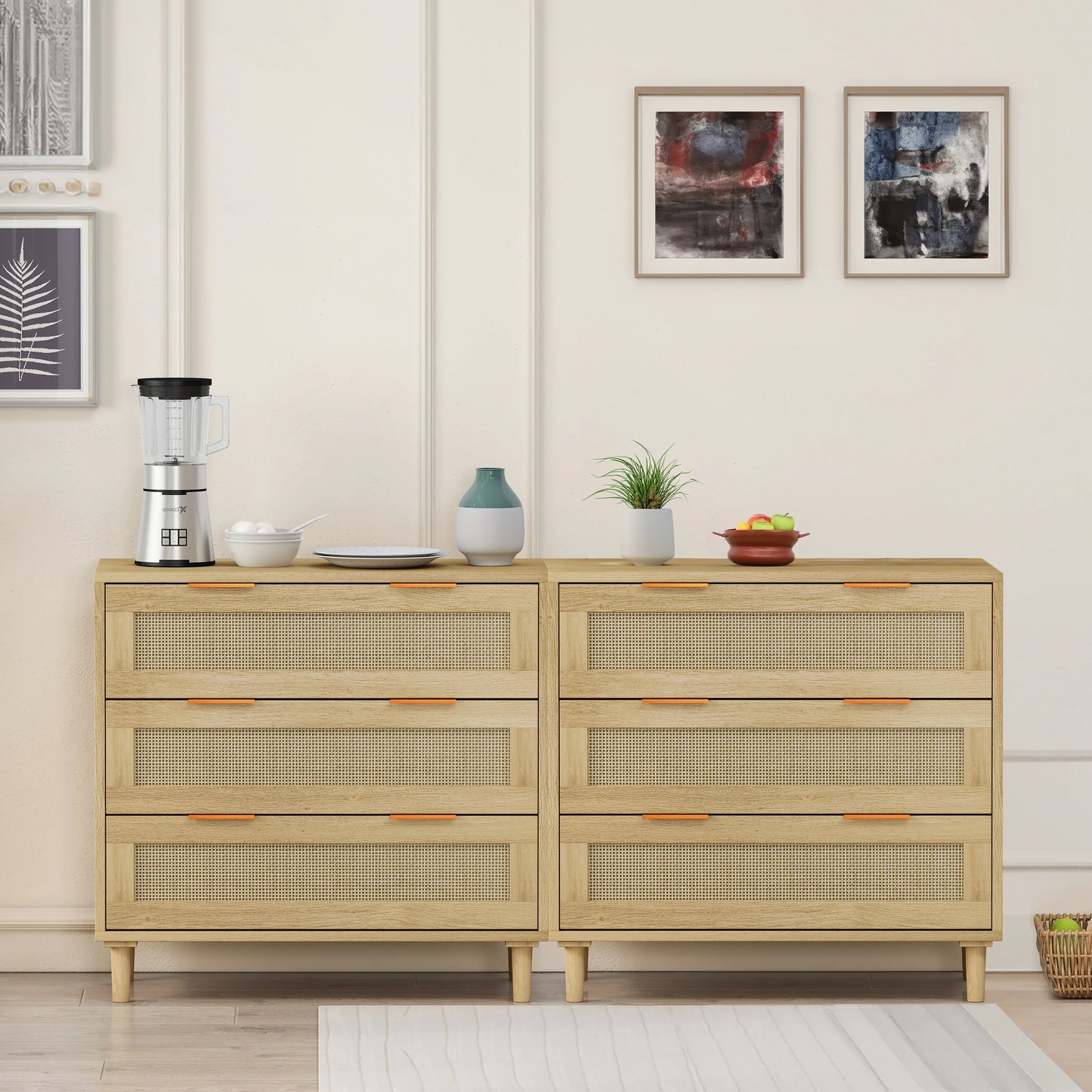 Premium 3-Drawer Rattan Storage Cabinet Set - Oak Finish (Set of 2) - Shello's Creative Boutique