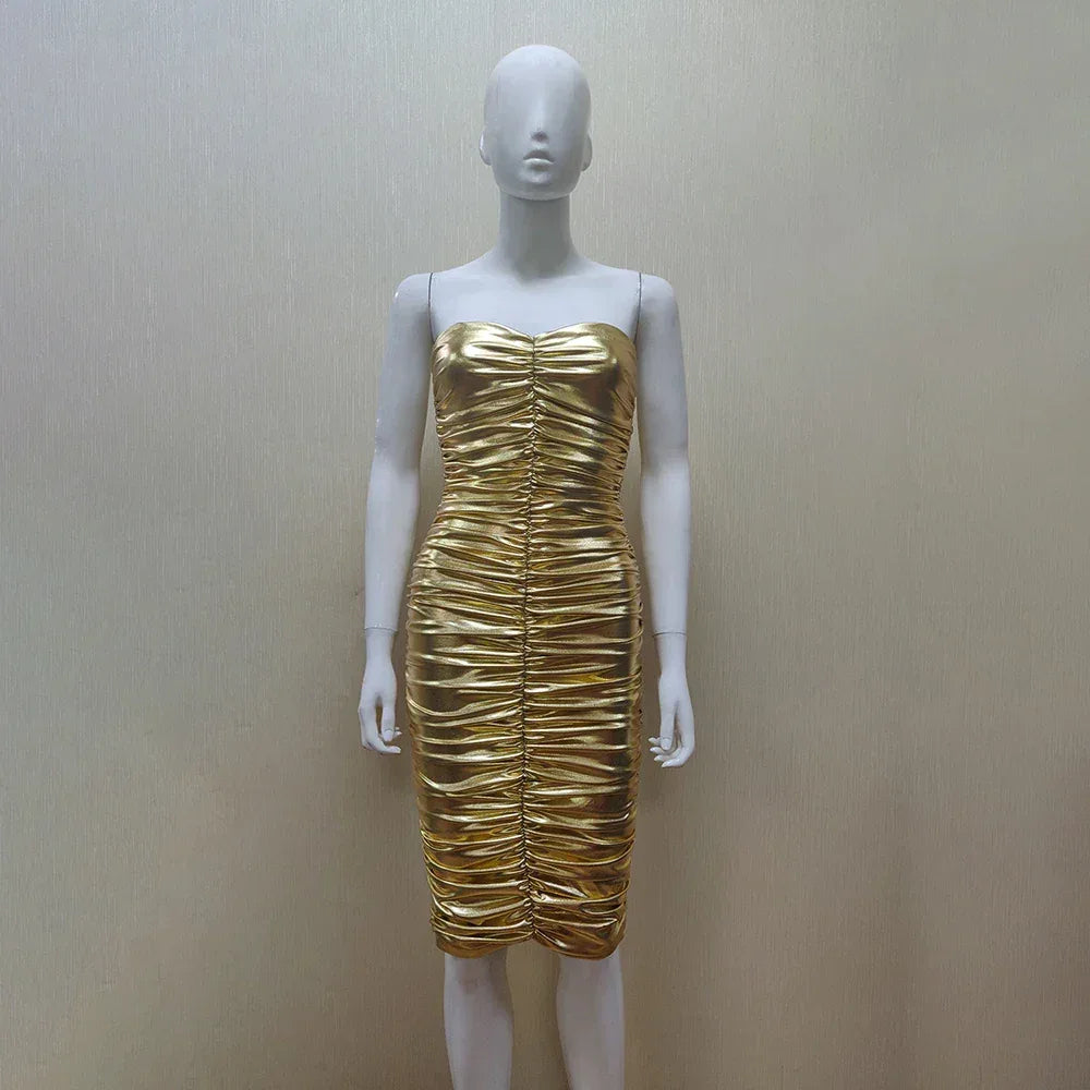 New Arrival Women Sexy Gold Dresses Bodycon Strapless Slash Neck Gold Dresses Night Club Wear - Shello's Creative Boutique