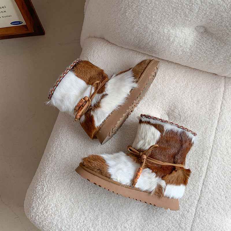 Runway Long Hair Boots Black Round Toe Thick Bottom Ankle Boots Winter Warm Lace up Thick Sole Snow Boots woman Mujer