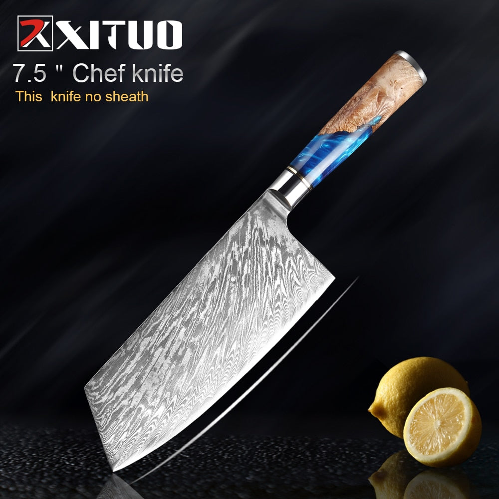 XITUO Kitchen Knives-Set Damascus Steel VG10 Chef Knife Cleaver Paring Bread Knife Blue Resin and Color Wood Handle Cooking Tool eprolo