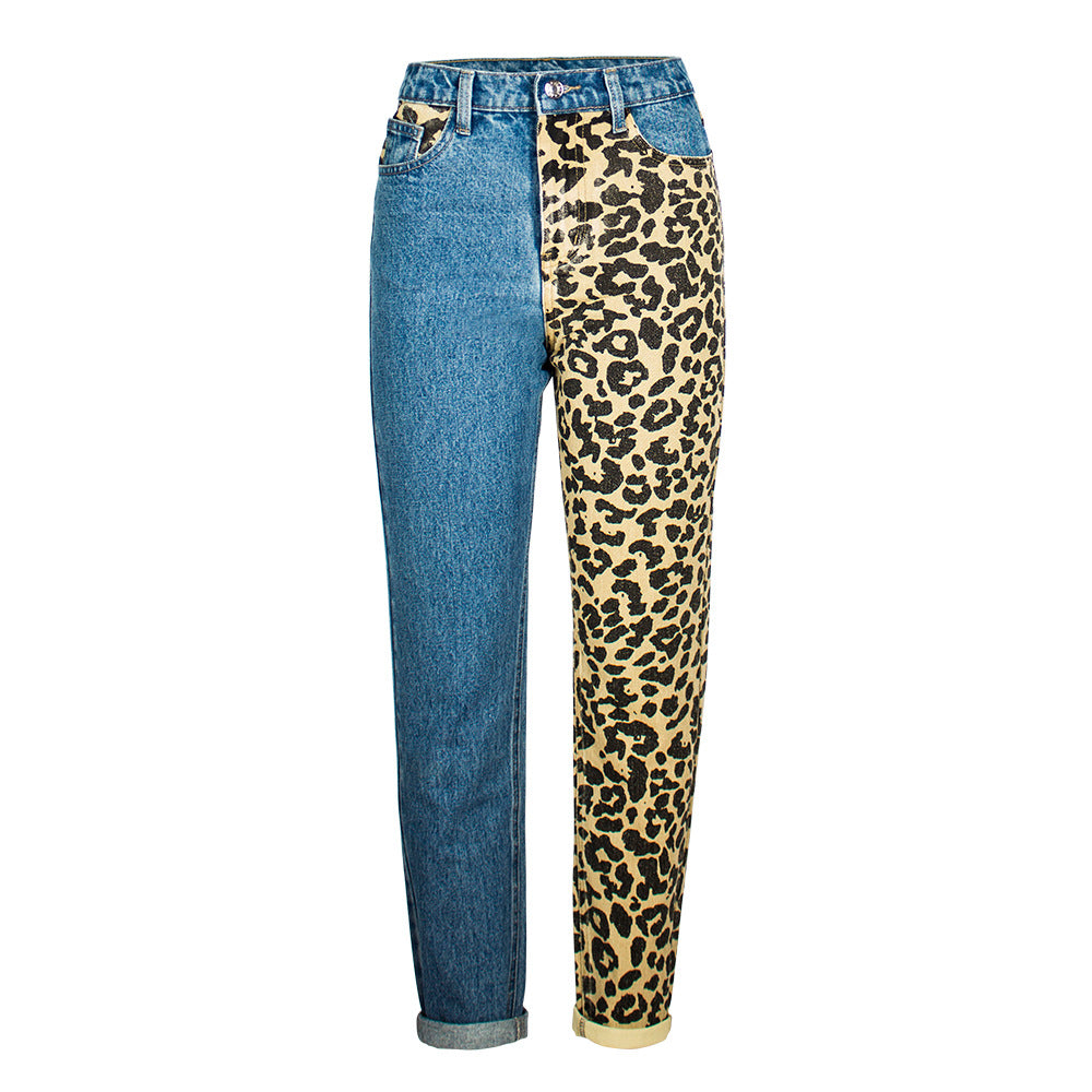 New Fashion Leopard High Waist Jeans Women`s Straight Boyfriend Denim Pants eprolo