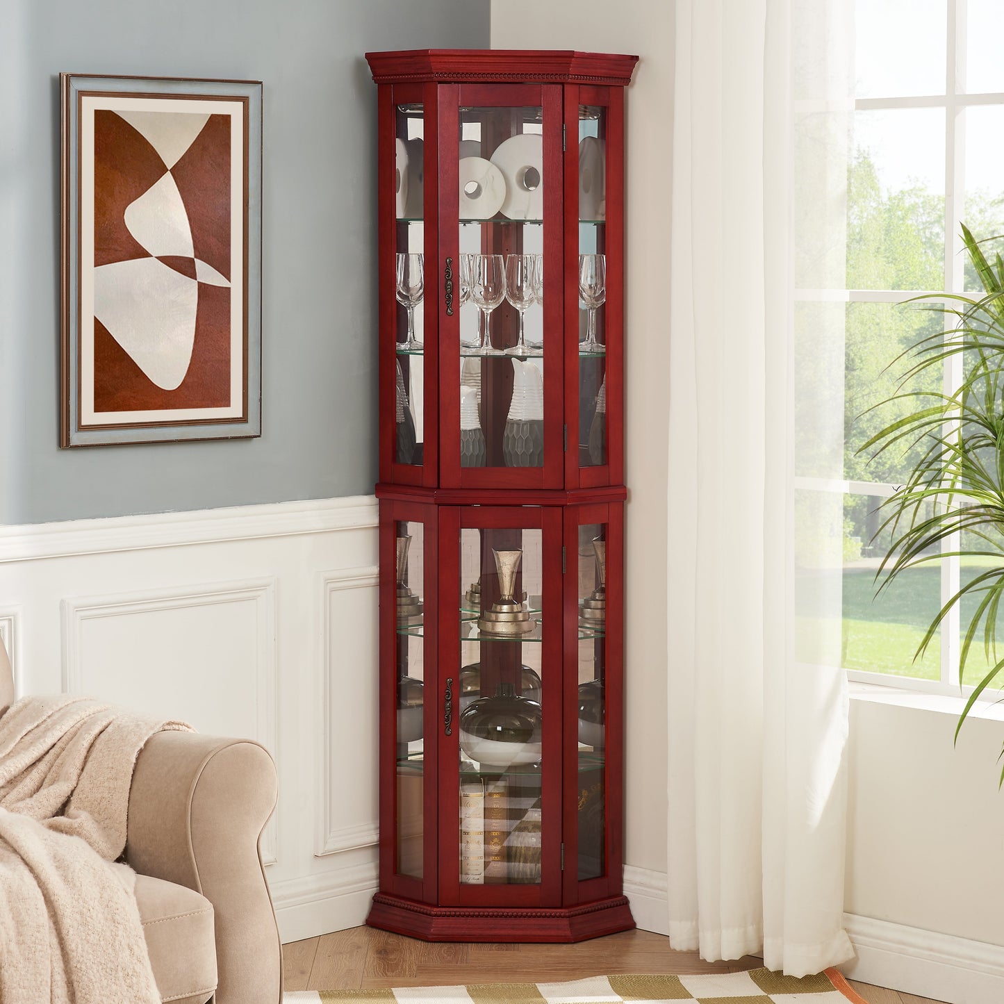 Corner Curio cabinet with illuminated glass display stand and tempered glass door, with adjustable bracket and light bulb eprolo