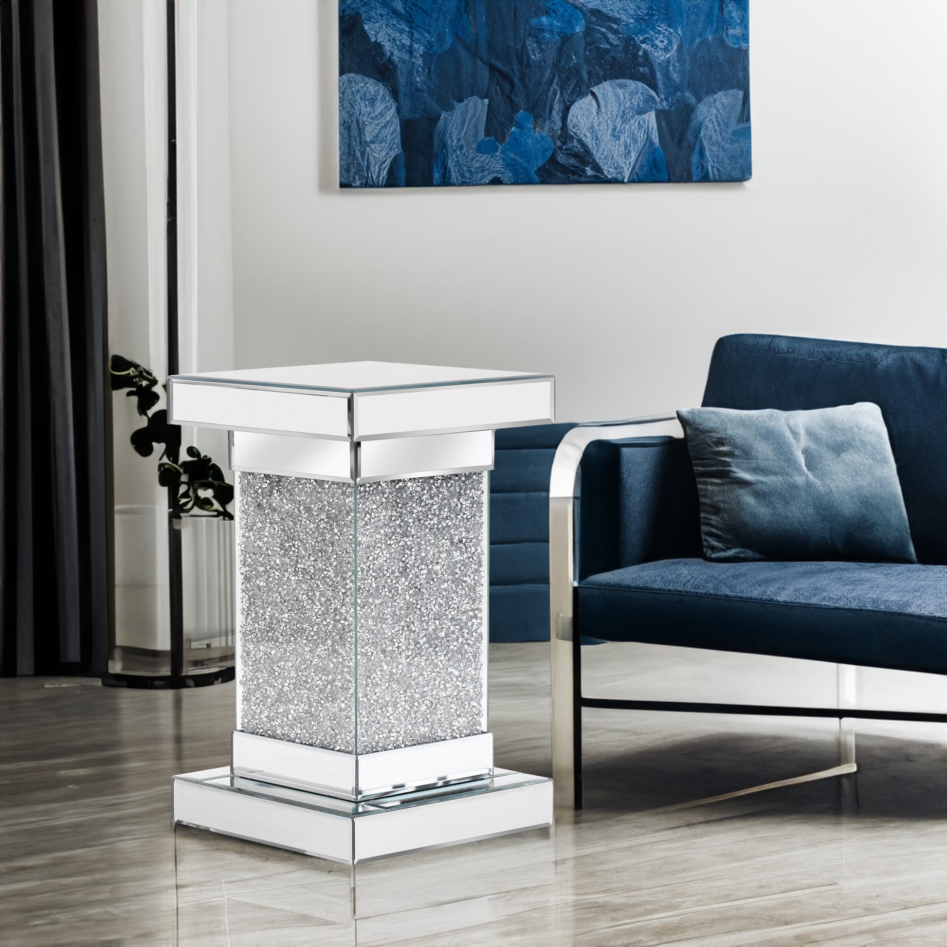 U-Can 11.8-inch silver square mirror coffee table with LED lights, modern diamond edge table, no assembly required eprolo