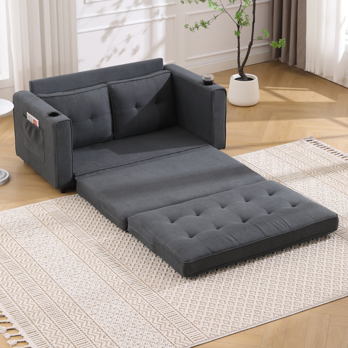 Three in one soft cushion cushion cushion sofa, folding mattress sofa bed, with side pockets and cup holder, dark gray eprolo