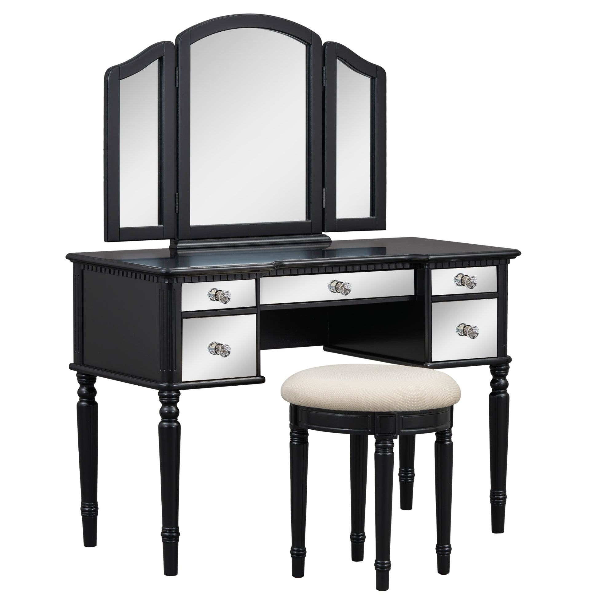 GO 43" Dressing Table Set with Mirrored Drawers and Stool, Tri-fold Mirror, Makeup Vanity Set for Bedroom, Black eprolo