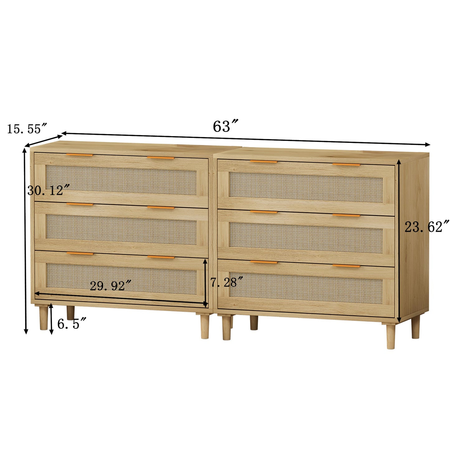 Premium 3-Drawer Rattan Storage Cabinet Set - Oak Finish (Set of 2)