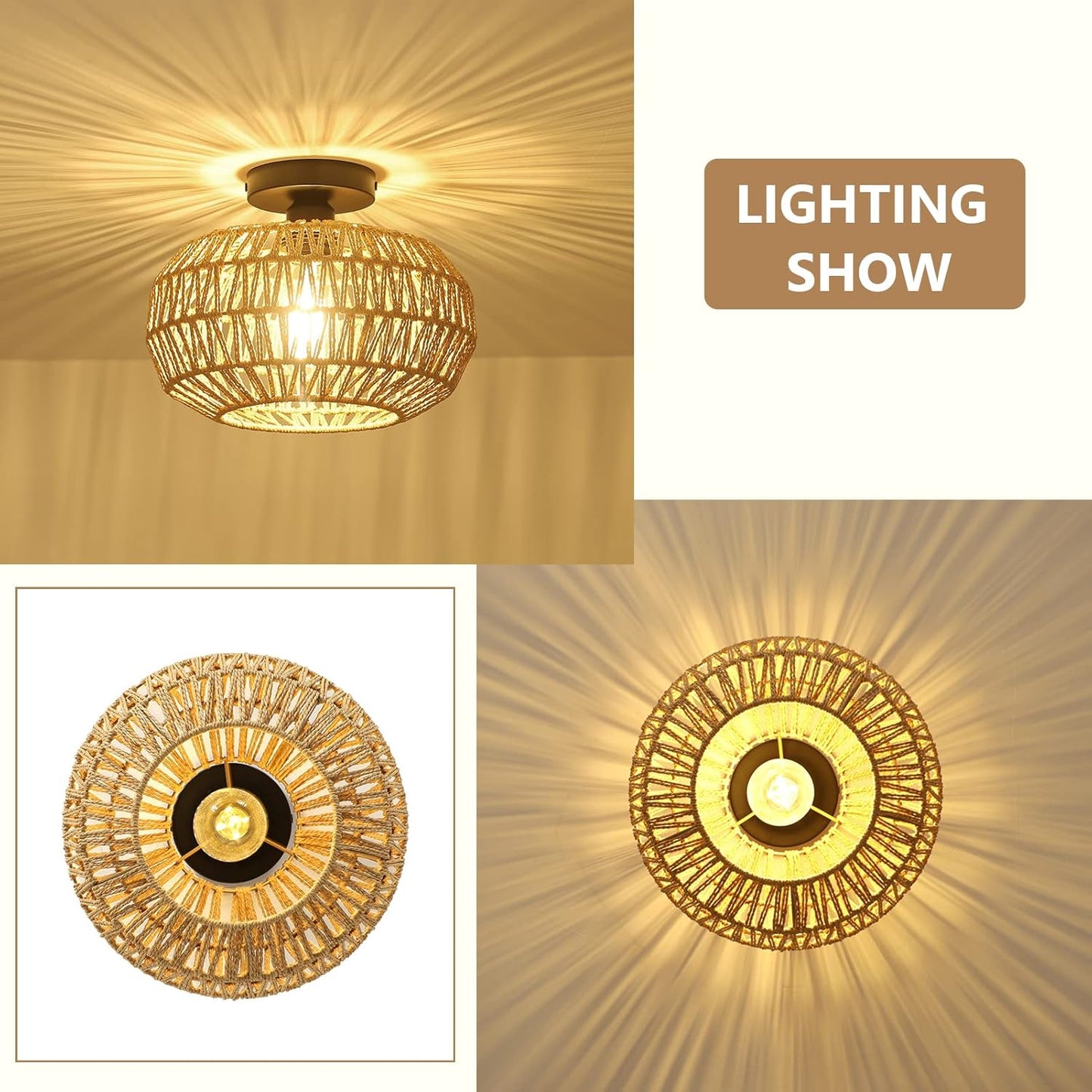 Rattan Light Fixtures Ceiling Mount,Boho Ceiling Light Fixture with Dimmable LED Bulb Mini Hand Woven Rattan eprolo