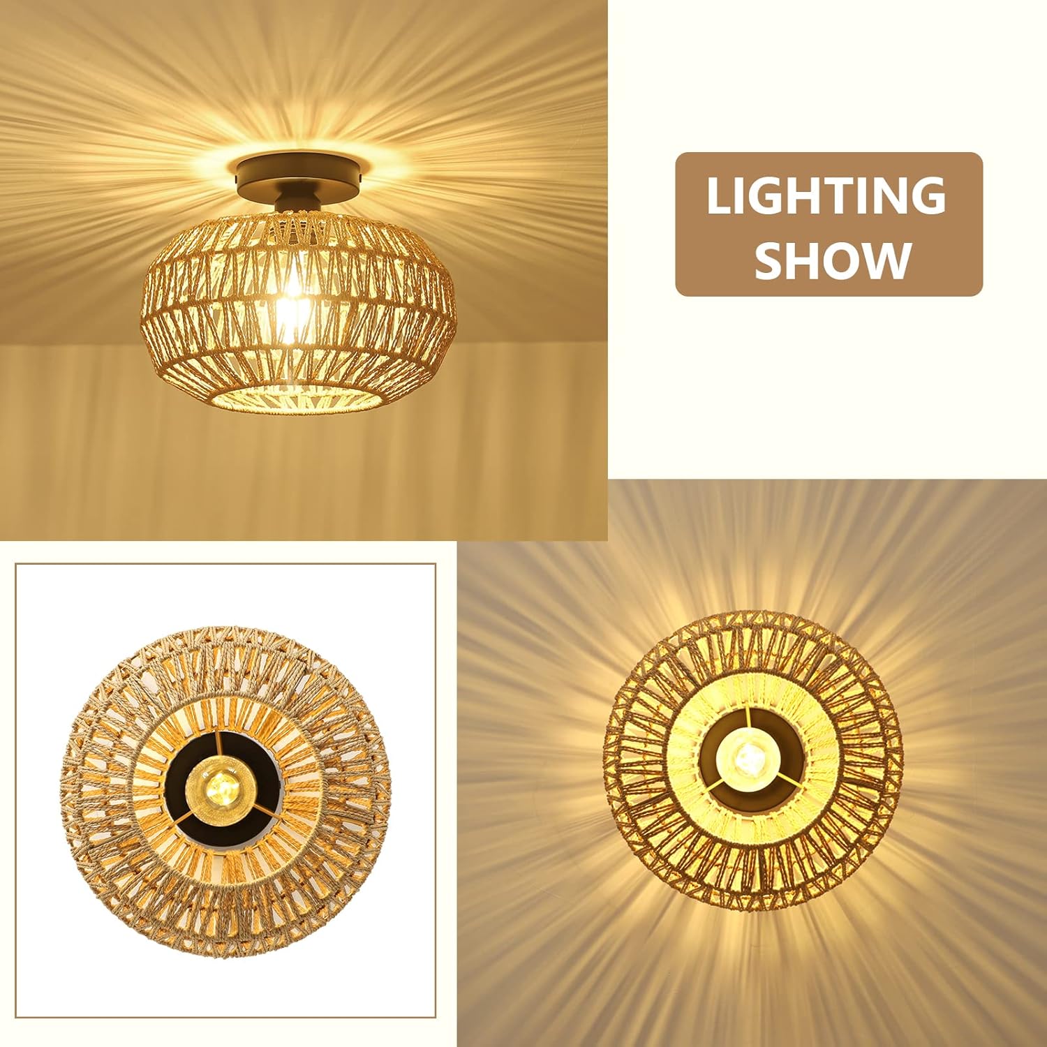 Rattan Light Fixtures Ceiling Mount,Boho Ceiling Light Fixture with Dimmable LED Bulb Mini Hand Woven Rattan eprolo