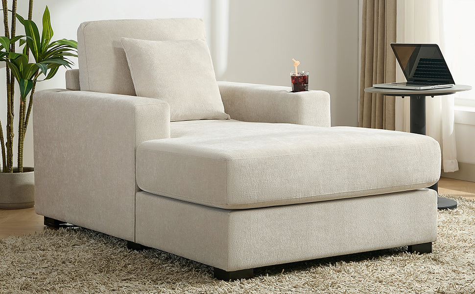 39.7" Oversized Chaise Lounger Modern Style Sofa Couch ,with Pillows, Charge Station & Cup Holders, Chenille Fabric, Cream Shello Creative Boutique