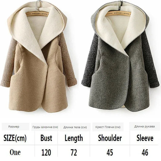 Loose Lamb Wool Cardigan Solid Color Hooded Long Fashion Coat Knitted Sleeve Stitching Warm Jacket - Shello's Creative Boutique