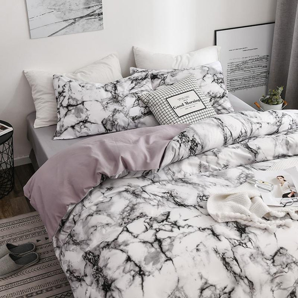 The Bedroom Bedding Is A Comfortable White Marble Pattern Printed Duvet Cover (2/3 Piece Set) eprolo