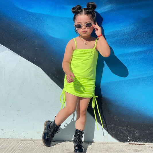 Children's Wear New Ins Wear Girls Sling Drawstring Dress European And American Girls eprolo