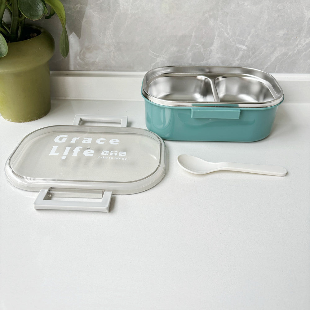 Korean style simple stainless steel two compartment lunch box with cutlery eprolo