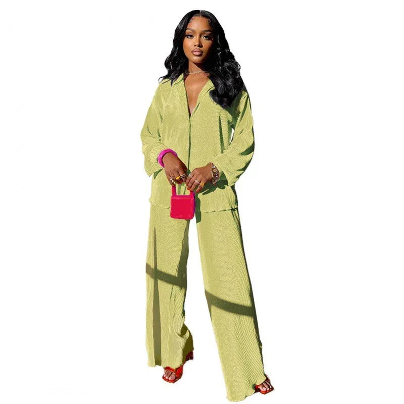 Women's Sets Long Sleeve Shirt Tops Wide Leg Pants Elegant Tracksuit Two Piece Set - Shello's Creative Boutique