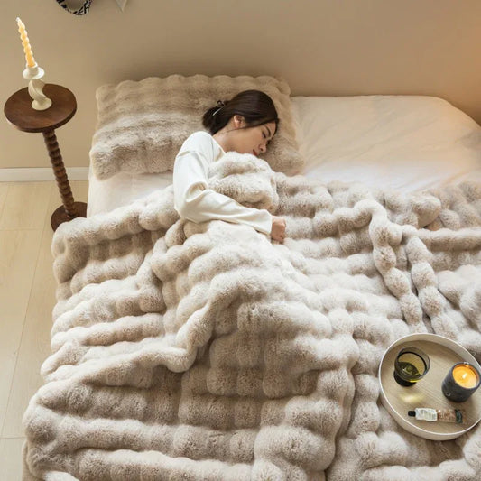 Double-sided Rabbit Fleece Faux Fur Plush Blanket for Winter - Shello's Creative Boutique
