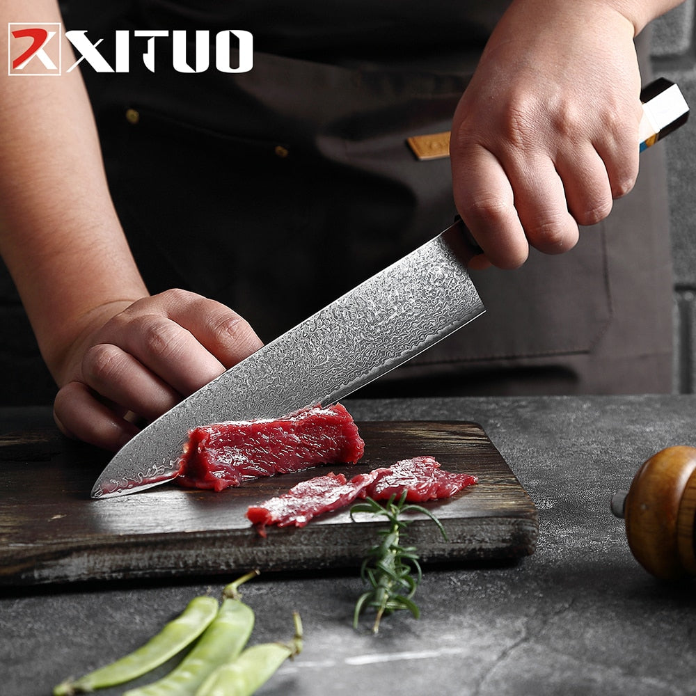 XITUO Damascus Stainless Steel Kitchen Knives Set High Quality Chef Knife Cleaver Paring Knife Stable wood&resin&horn Handle eprolo
