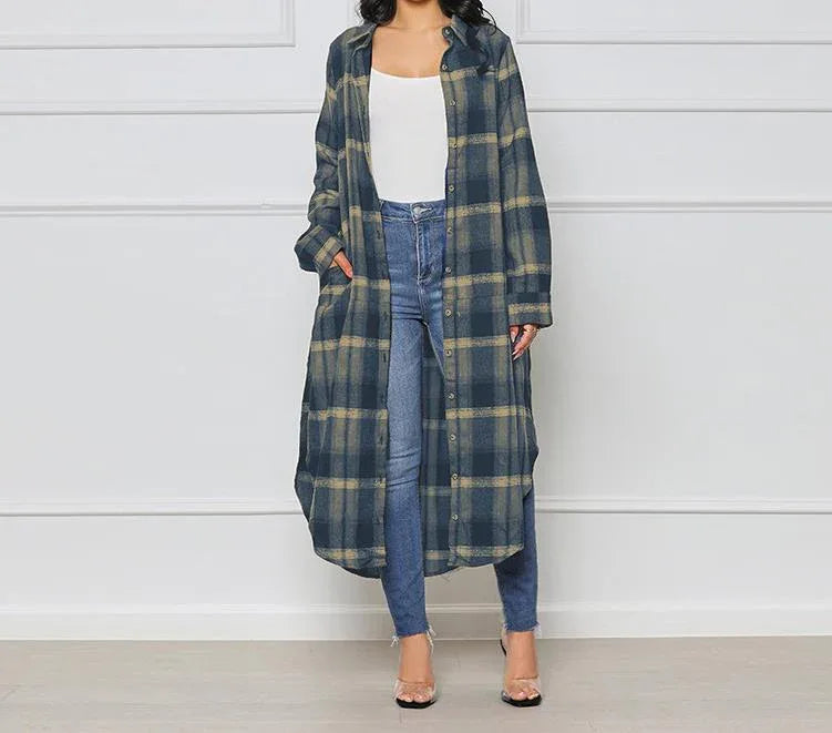 Shacket Longline Plaid Print Curved Hem Buttoned Casual Shirt Jacket for Women Long sleeves Turn-down Collar Coat Girls - Shello's Creative Boutique