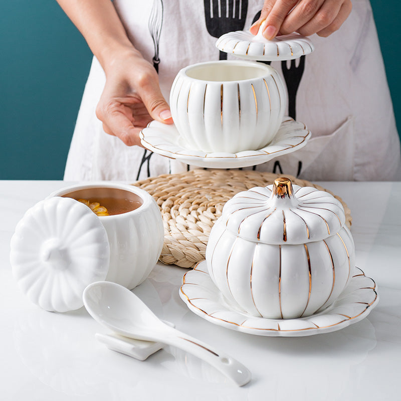 Creative Ceramic Pumpkin Cup, Steamed Egg Cup, Stewed Pot with Cover, Pure White Mini Bird's Nest Cup, Soup Cup eprolo