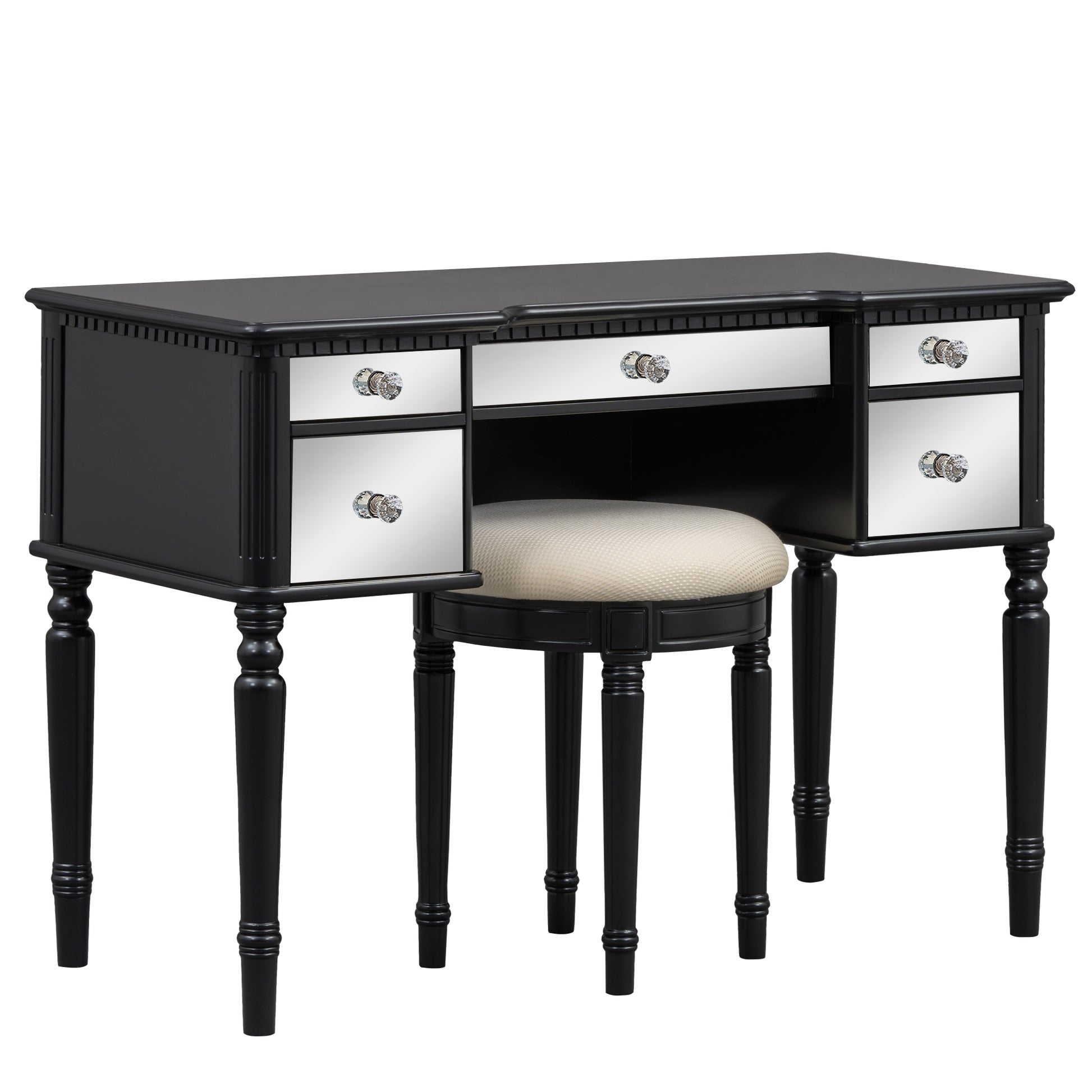 GO 43" Dressing Table Set with Mirrored Drawers and Stool, Tri-fold Mirror, Makeup Vanity Set for Bedroom, Black eprolo
