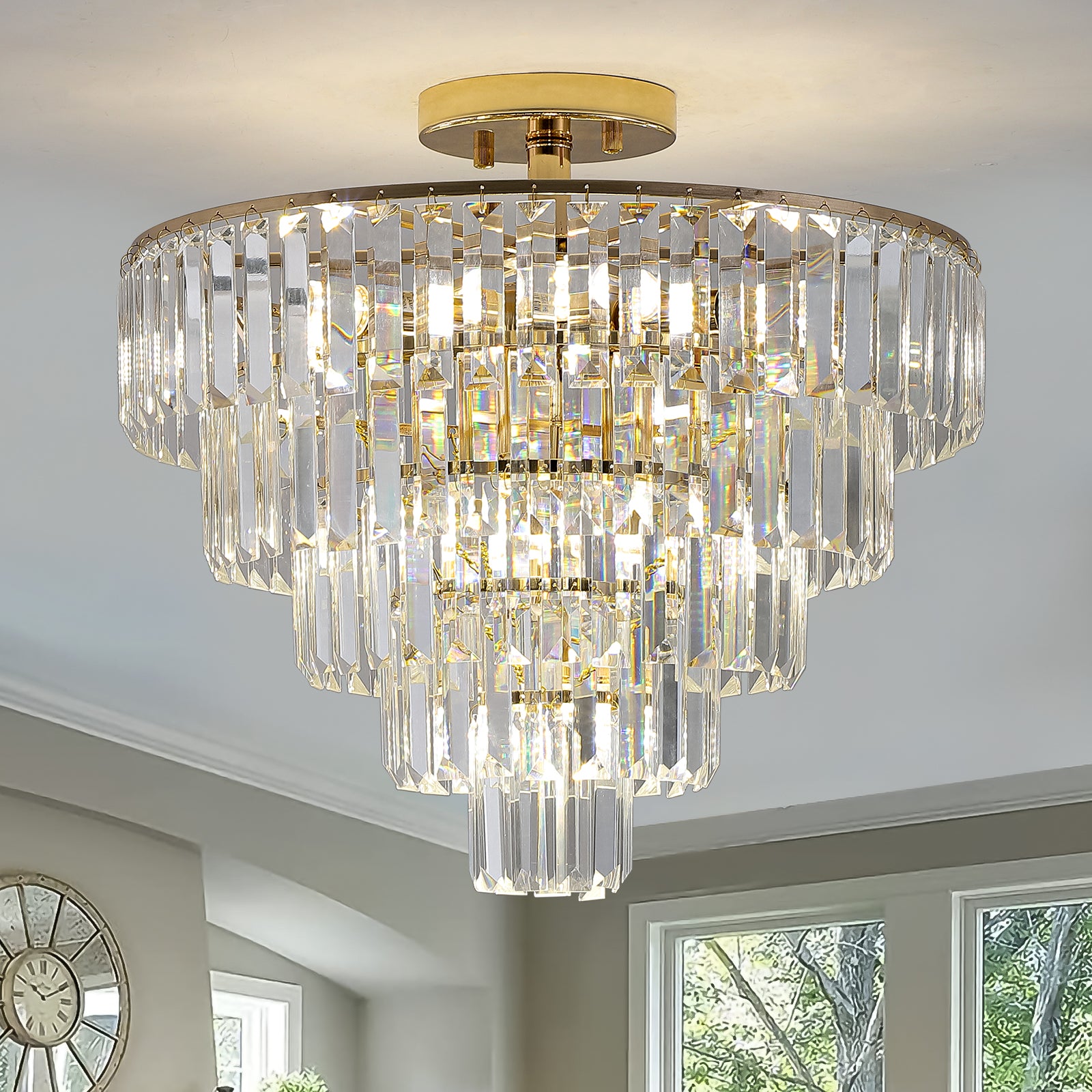 Gold Crystal Chandeliers,5-Tier Round Semi Flush Mount Chandelier Light Fixture,Large Contemporary Luxury Ceiling Lighting eprolo