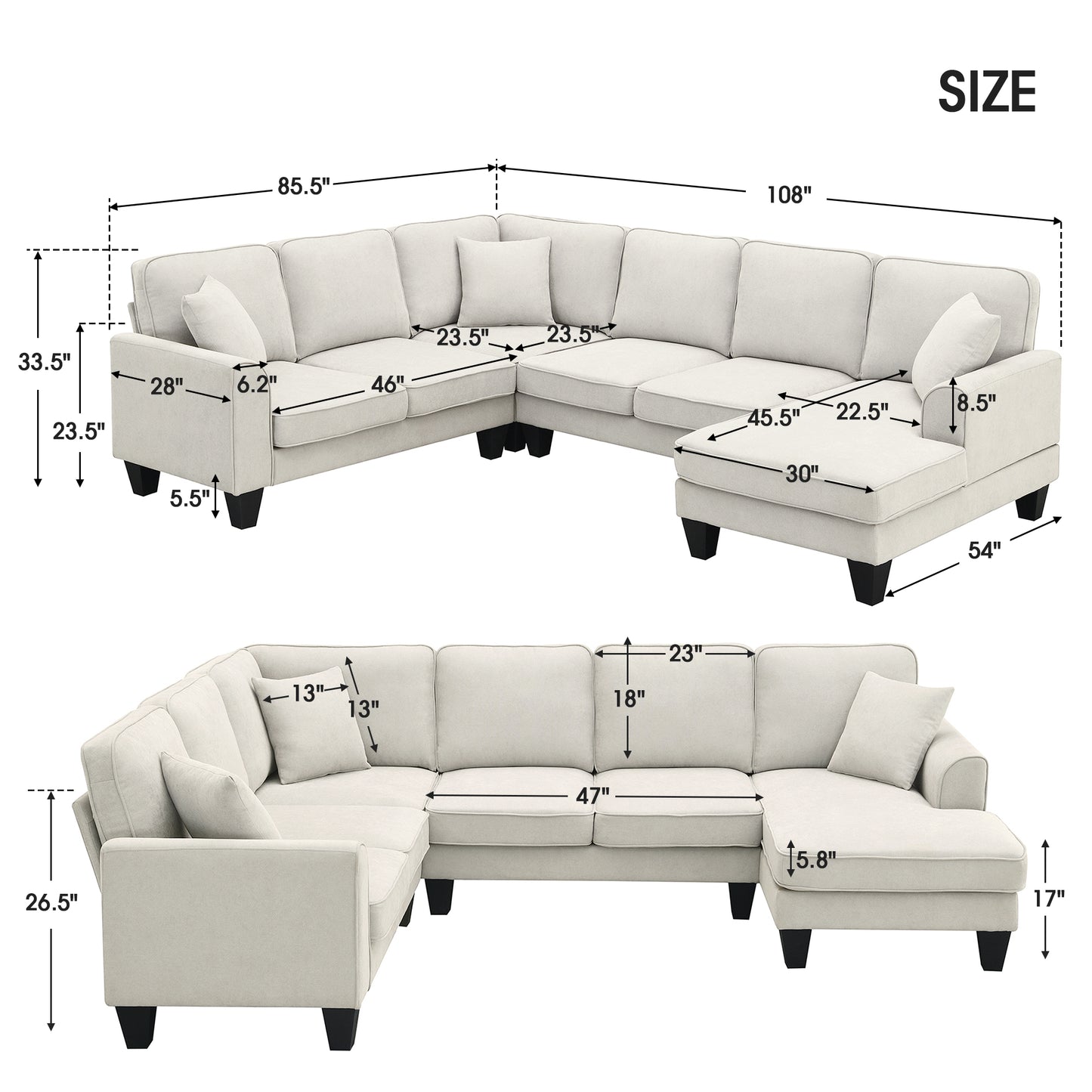 Modern U-Shape Sectional Sofa – 7-Seat Fabric Sofa Set with Pillows for Living Room, Apartment & Office