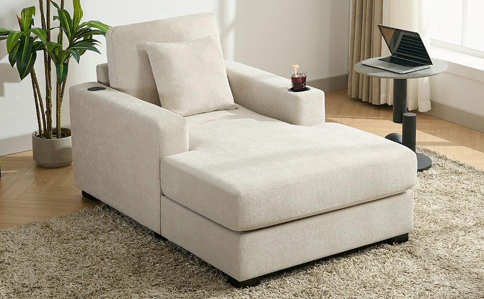 39.7" Oversized Chaise Lounger Modern Style Sofa Couch ,with Pillows, Charge Station & Cup Holders, Chenille Fabric, Cream Shello Creative Boutique