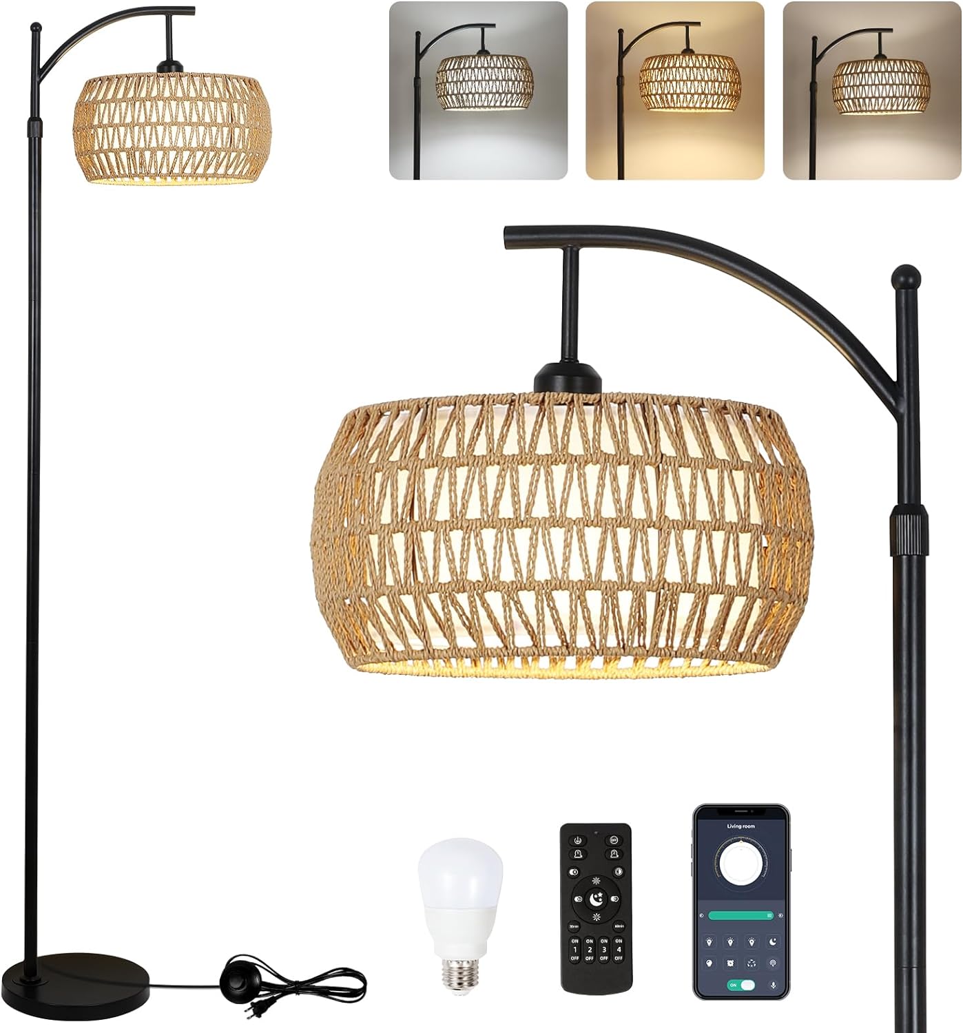 Arc Floor Lamp with Remote Control, Dimmable LED Floor Lamp with 3 Color Temperature Boho Farmhouse Tall Pole Lamp eprolo