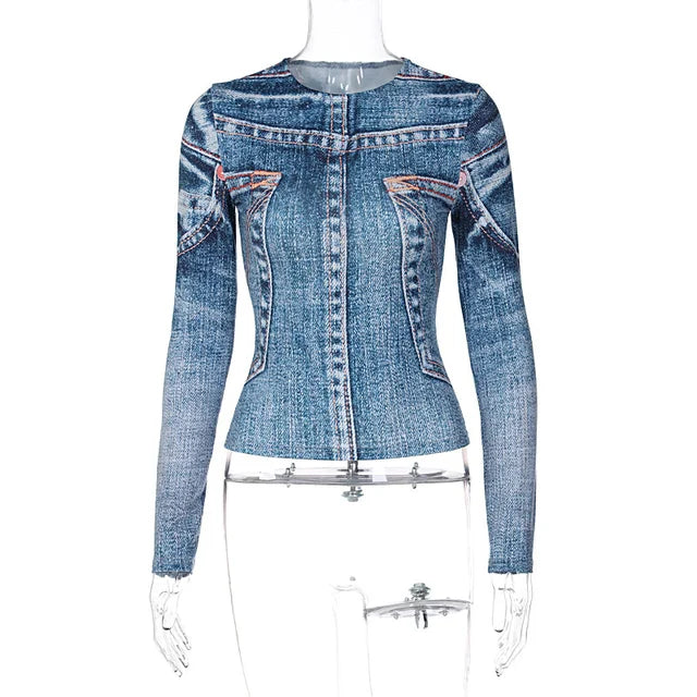 Fashion Personality Printed Design Women Long Sleeve T-shirt Spring New Trendy Street Wear Slim Fit Tops Girl