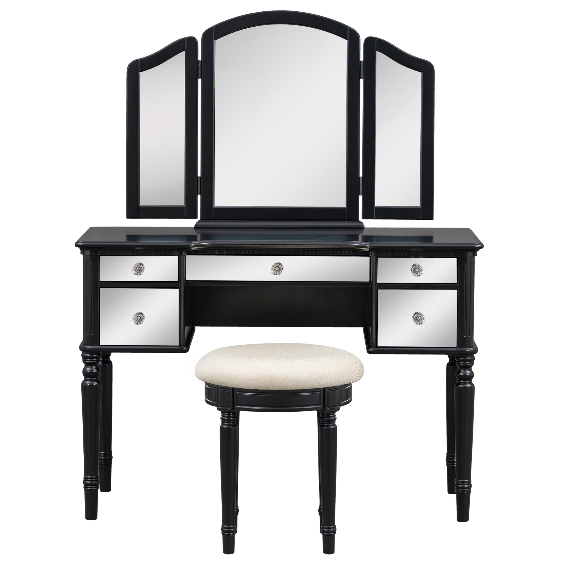GO 43" Dressing Table Set with Mirrored Drawers and Stool, Tri-fold Mirror, Makeup Vanity Set for Bedroom, Black eprolo