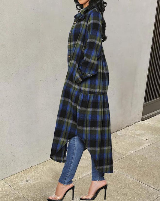 Shacket Longline Plaid Print Curved Hem Buttoned Casual Shirt Jacket for Women Long sleeves Turn-down Collar Coat Girls - Shello's Creative Boutique
