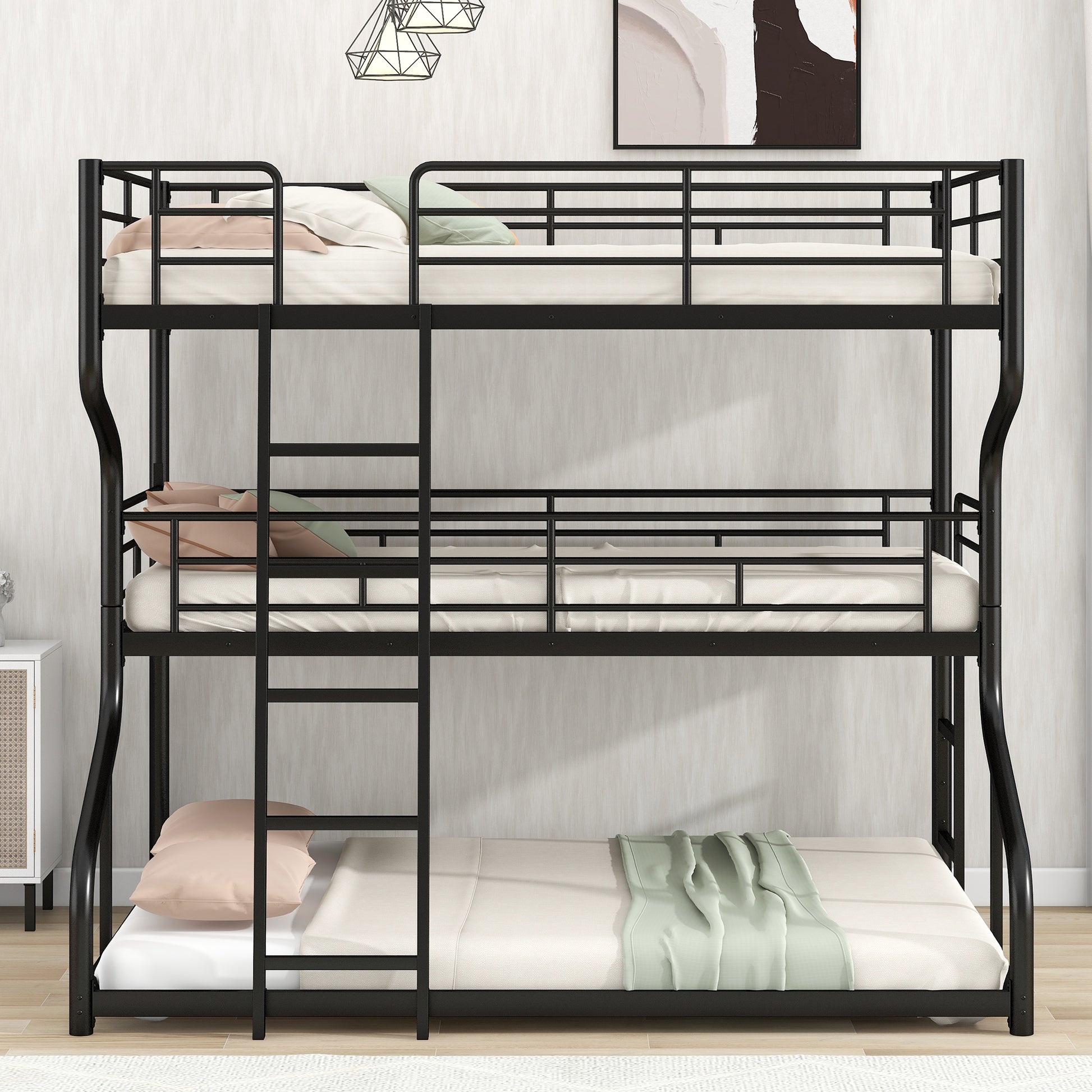 Full XL over Twin XL over Queen Size Triple Bunk Bed with Long and Short Ladder,Black eprolo