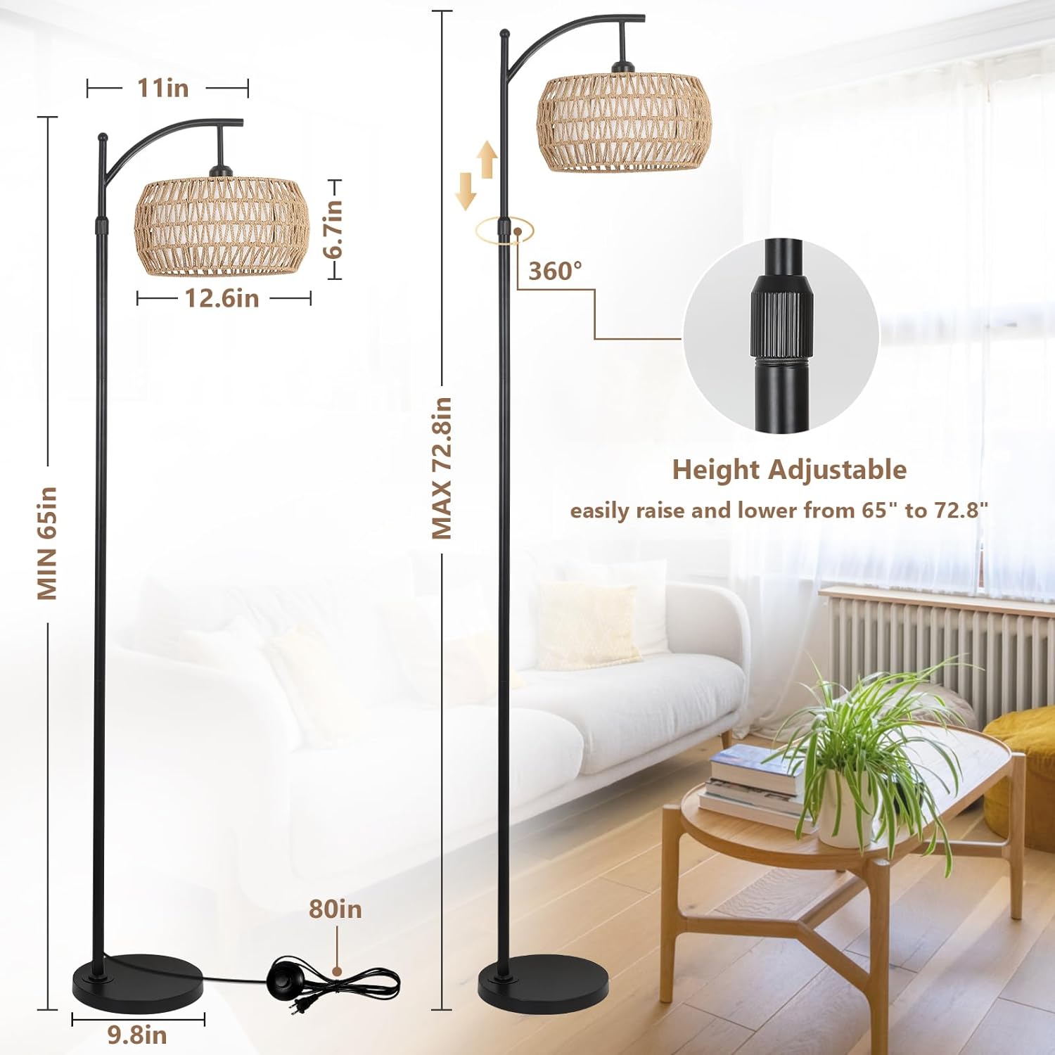 Arc Floor Lamp with Remote Control, Dimmable LED Floor Lamp with 3 Color Temperature Boho Farmhouse Tall Pole Lamp eprolo