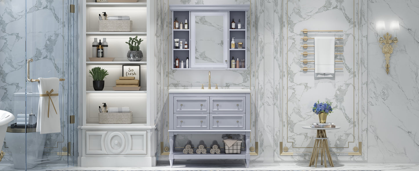 36'' Bathroom Vanity with Medicine Cabinet, Modern Mirror Cabinet with Adjustable Shelf, Bathroom Storage Cabinet with 4 Drawers eprolo