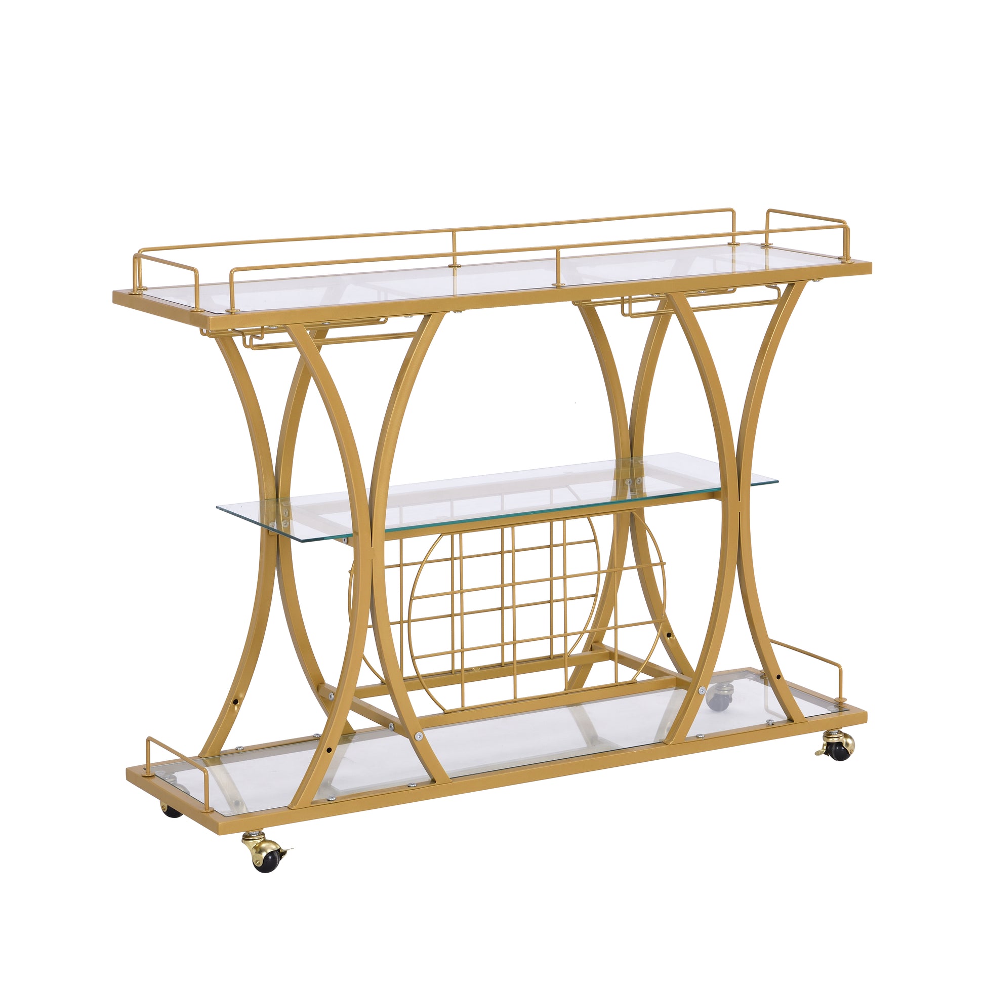 Golden Bar Cart with Wine Rack Tempered Glass Metal Frame Wine Storage eprolo