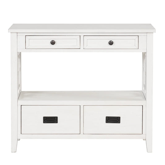 36'' Farmhouse Pine Wood Console Table Entry Sofa Table with 4 Drawers & 1 Storage Shelf (Antique White) - Shello's Creative Boutique