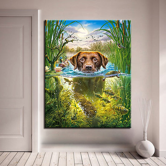 Oil Painting By Numbers DIY Hand Painted Swimming Dog Canvas Wall Art Coloring Animals Fish Pictures Drawing Home Decor Gifts