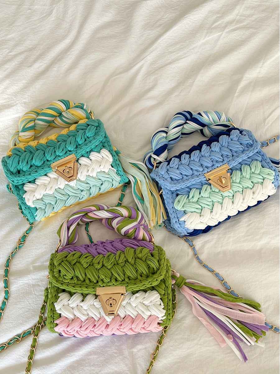 Women Crochet Shoulder Bag - Hand Woven Crochet Tassel Bag with Fried Dough Twists