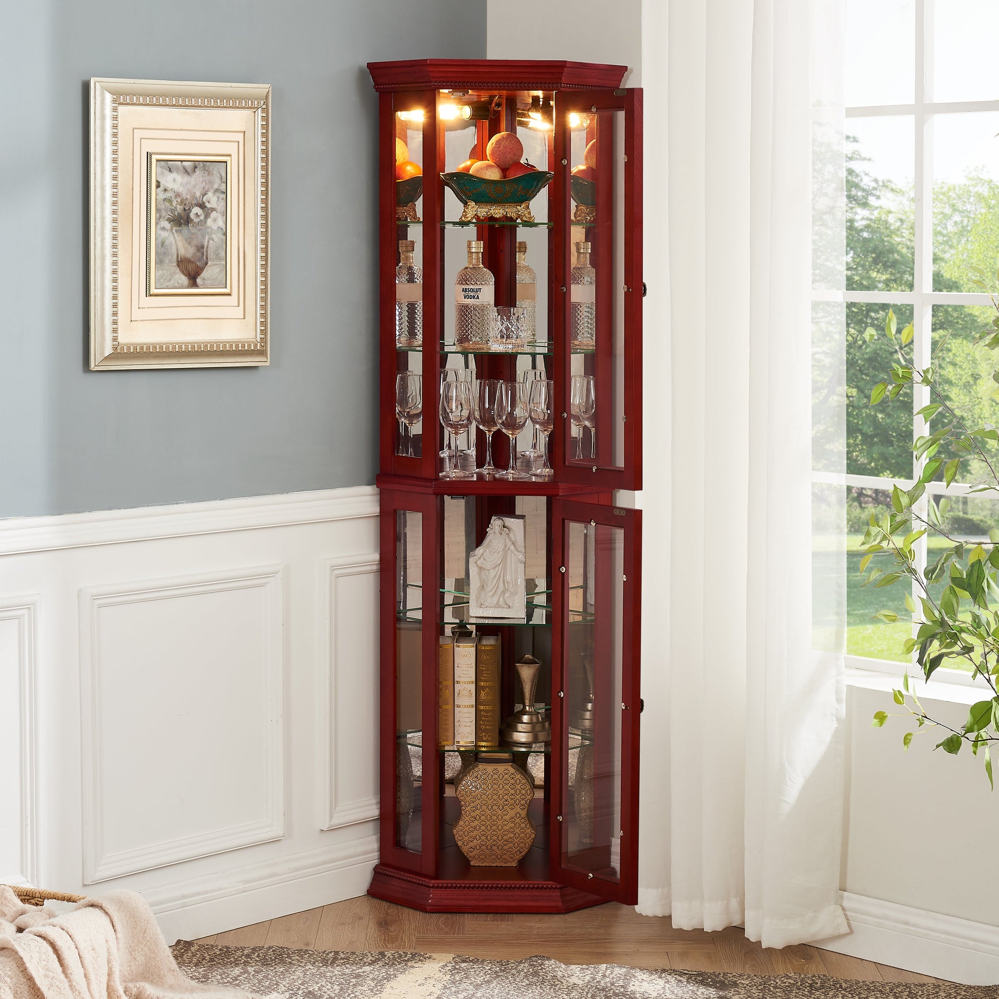 Corner Curio cabinet with illuminated glass display stand and tempered glass door, with adjustable bracket and light bulb eprolo