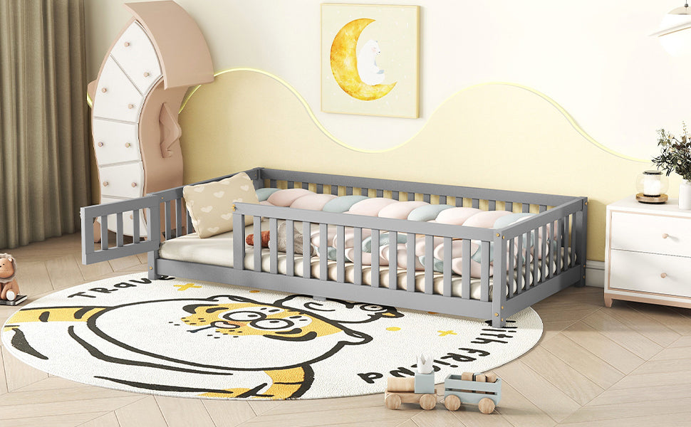 Twin Size Bed Floor Bed with Safety Guardrails and Door for Kids, Gray eprolo