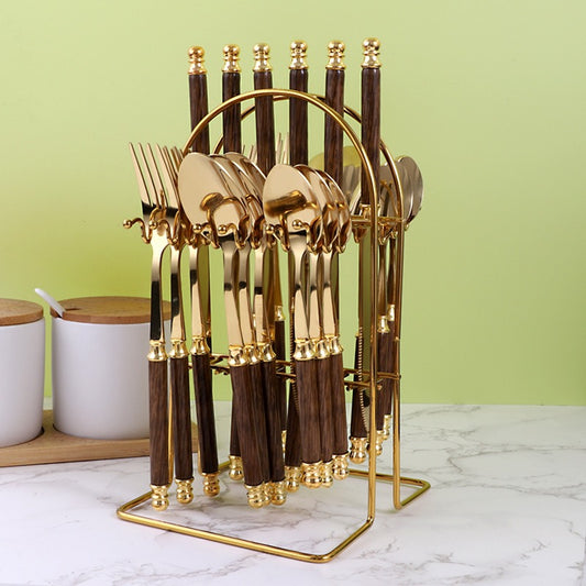 410 stainless steel knife, fork, spoon set, European style hotel Western tableware, golden dessert spoon set, 24 pieces eprolo