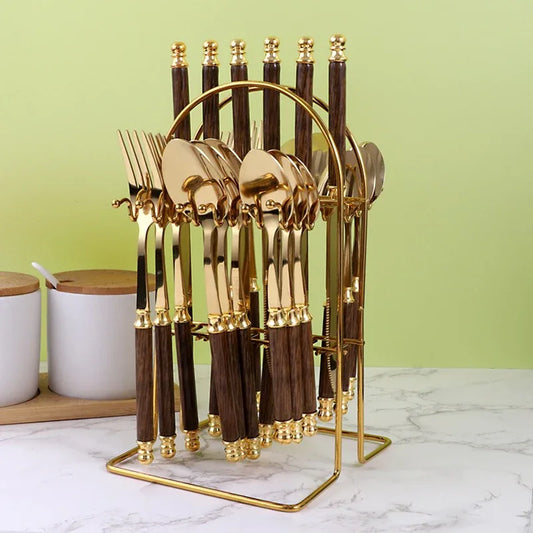 Stainless steel knife, fork, spoon set, European style hotel Western tableware, golden dessert spoon set, 24 pieces - Shello's Creative Boutique