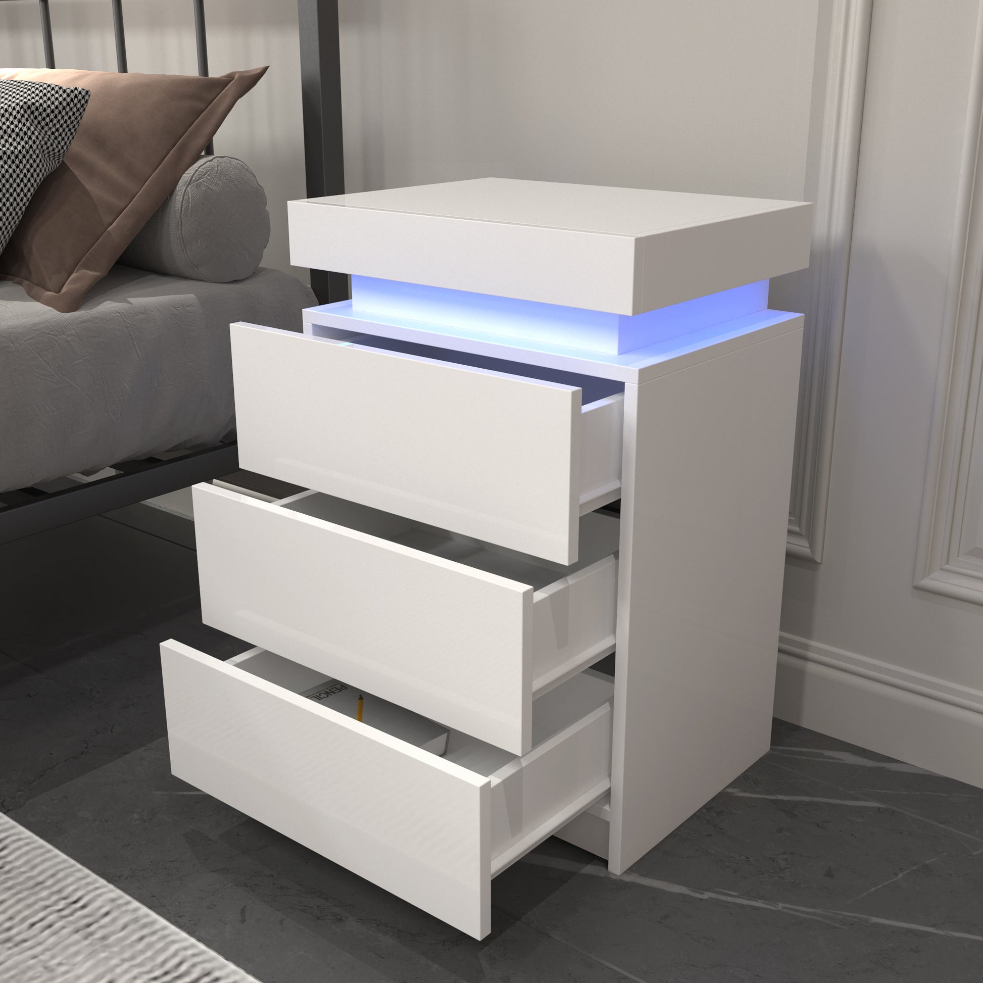 LED White Nightstand With 3 Drawers, Modern Multi-Colour LED Night Table Bedside Tables for Bedroom, Living Room eprolo
